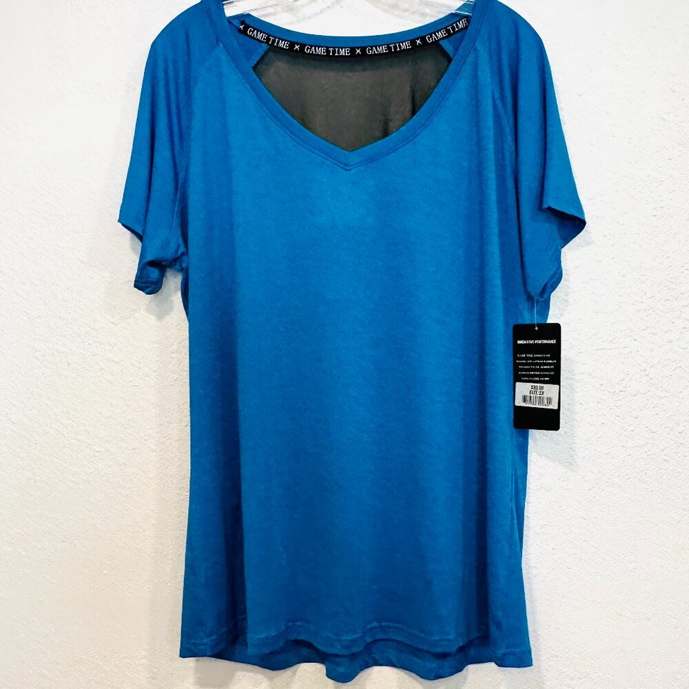 NWT Game Time Womens 2X Athletic Blue Black Tee Stretch Rapid Dry Odor Guard SPF